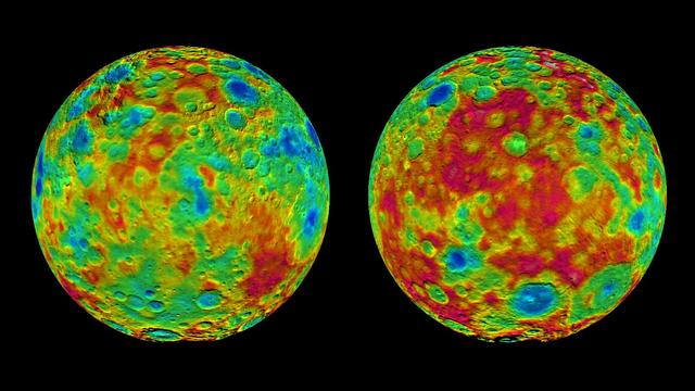 This pair of images shows color-coded maps from NASA's Dawn mission, revealing the highs and lows of topography on the surface of dwarf planet Ceres. The map at left is centered on terrain at 60 degrees east longitude; the map at right is centered on 240 degrees east longitude. The color scale extends about 5 miles (7.5 kilometers) below the surface in indigo to 5 miles (7.5 kilometers) above the surface in white. The topographic map was constructed from analyzing images from Dawn's framing camera taken from varying sun and viewing angles. The map was combined with an image mosaic of Ceres and projected as an orthographic projection. The well-known bright spots in the center of Ceres northern hemisphere in the image at right retain their bright appearance, although they are color-coded in the same green elevation of the crater floor in which they sit. http://photojournal.jpl.nasa.gov/catalog/PIA19607