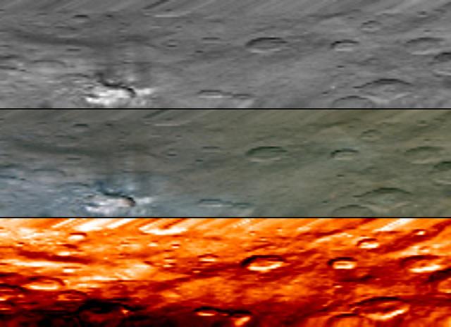 This image, from NASA Dawn visible and infrared mapping spectrometer VIR, highlights a bright region on Ceres known as Haulani, named after the Hawaiian plant goddess. Each row shows Ceres' surface at different wavelengths. On top is a black-and-white image; in the middle is a true-color image, and the bottom is in thermal infrared, where brighter colors represent higher temperatures and dark colors correspond to colder temperatures. The three images appear slightly flattened in the y-axis and smeared in the upper part due to the motion of the spacecraft. These images were taken at a distance of 2,700 miles (4,400 kilometers) from Ceres and have a resolution of about 0.6 miles (1 kilometer) per pixel. They were produced on June 6, 2015. http://photojournal.jpl.nasa.gov/catalog/PIA19608