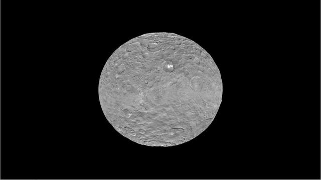 This frame from a video shows the bright spots in Occator crater on dwarf planet Ceres, generated from data from NASA Dawn spacecraft.  The global view uses data collected by NASA's Dawn mission in April and May 2015.  The highest-resolution parts of the map have a resolution of 1,600 feet (480 meters) per pixel.  The second portion of the video shows the bright spots in Occator crater, which is about 60 miles (90 kilometers) across and 2 miles (4 kilometers) deep. Vertical relief has been exaggerated by a factor of five. Exaggerating the relief helps scientists understand and visualize the topography more easily, and highlights features that are sometimes subtle.  The third portion of the video shows a mountain about 4 miles (6 kilometers) high, which is roughly the elevation of Mount McKinley in Alaska's Denali National Park. Vertical relief has been exaggerated by a factor of five. Exaggerating the relief helps scientists understand and visualize the topography much more easily, and highlights features that are sometimes subtle.  The fourth section of the video shows the global view from the first section in 3-D view. A pair of 3-D glasses reveals striking detail in the topography of the dwarf planet.   http://photojournal.jpl.nasa.gov/catalog/PIA19619