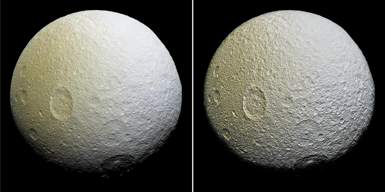 This enhanced-color mosaic of Saturn's icy moon Tethys shows a range of features on the moon's trailing hemisphere. Tethys is tidally locked to Saturn, so the trailing hemisphere is the side of the moon that always faces opposite its direction of motion as it orbits the planet. This view was obtained about two and a half hours earlier than PIA19636 and shows terrain slightly farther to the west and south of that view. Two versions of the mosaic are presented here: one with standard image processing (Figure 1), and one that strongly enhances the relief of craters and other surface features (Figure 2). Images taken using clear, green, infrared and ultraviolet spectral filters were combined to create the view, which highlights subtle color differences across Tethys' surface at wavelengths not visible to human eyes. The moon's surface is fairly uniform in natural color. The color of the surface can be seen to change across the disk, from yellowish hues to nearly white. These broad color changes are affected by a number of external processes. First, Saturn's diffuse E-ring preferentially bombards Tethys' leading hemisphere, toward the right side in this image, with ice bright ice grains. At the same time, charged particles from Saturn's radiation belt bombard the surface on the trailing side, causing color changes due to chemical alteration of the materials there. The albedo -- a measure of the surface's reflectivity -- drops by 10 to 15 percent from the moon's leading side to the trailing side. Similar global color patterns exist on other Saturnian moons. On a much smaller scale, enigmatic, arc-shaped reddish streaks are faintly visible across the heavily-cratered surface, particularly in the upper right quarter of the image (see PIA19637 for a close-up view of these features). The origin of this localized color contrast is not yet understood. This mosaic is an orthographic projection constructed from 52 Cassini images obtained on April 11, 2015 with the Cassini spacecraft narrow-angle camera. Image scale is about 1,000 feet (300 meters) per pixel. The images were obtained at a distance of approximately 33,000 miles (53,000 kilometers) from Tethys. http://photojournal.jpl.nasa.gov/catalog/PIA19638