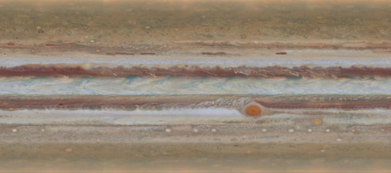 Scientists produced new global maps of Jupiter using the Wide Field Camera 3 on NASA Hubble Space Telescope. One color map is shown here, projected onto a globe and as a flat image.