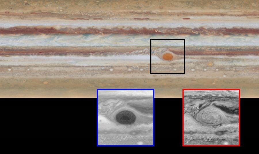 This image is one of two images from NASA Hubble Space Telescope comparing the movement of Jupiter clouds. The movement of Jupiter's clouds can be seen by comparing the first map to the second one in this animated pair of images. Zooming in on the Great Red Spot at blue (below, at left) and red (below, at right) wavelengths reveals a unique filamentary feature not previously seen.  http://photojournal.jpl.nasa.gov/catalog/PIA19648