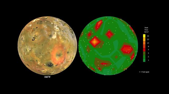 This frame from an animation shows Jupiter volcanic moon Io as seen by NASA Voyager and Galileo spacecraft (at left) and the pattern of heat flow from 242 active volcanoes (at right). The red and yellow areas are places where local heat flow is greatest -- the result of magma erupting from Io's molten interior onto the surface.  The map is the result of analyzing decades of observations from spacecraft and ground-based telescopes. It shows Io's usual volcanic thermal emission, excluding the occasional massive but transient "outburst" eruption; in other words, this is what Io looks like most of the time.  This heat flow map will be used to test models of interior heating. The map shows that areas of enhanced volcanic heat flow are not necessarily correlated with the number of volcanoes in a particular region and are poorly correlated with expected patterns of heat flow from current models of tidal heating -- something that is yet to be explained.  This research is published in association with a 2015 paper in the journal Icarus by A. Davies et al., titled "Map of Io's Volcanic Heat Flow," (http://dx.doi.org/10.1016/j.icarus.2015.08.003.)  http://photojournal.jpl.nasa.gov/catalog/PIA19655