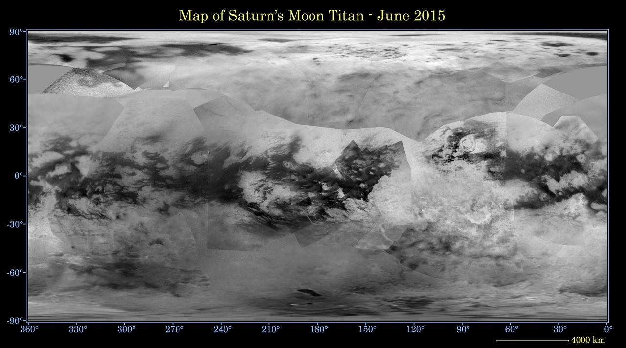 This global digital map of Saturn's moon Titan was created using images taken by NASA's Cassini spacecraft's imaging science subsystem (ISS). The map was produced in June 2015 using data collected through Cassini's flyby on April 7, 2014, known as "T100."  The images were taken using a filter centered at 938 nanometers, allowing researchers to examine variations in albedo (or inherent brightness) across the surface of Titan. Because of the scattering of light by Titan's dense atmosphere, no topographic shading is visible in these images.  The map is an equidistant projection and has a scale of 2.5 miles (4 kilometers) per pixel. Actual resolution varies greatly across the map, with the best coverage (close to the map scale) along the equator near the center of the map at 180 degrees west longitude. The lowest resolution coverage can be seen in the northern mid-latitudes on the sub-Saturn hemisphere.  Mapping coverage in the northern polar region has greatly improved since the previous version of this map in 2011 (see PIA14908). Large dark areas, now known to be liquid-hydrocarbon-filled lakes and seas, have since been documented at high latitudes. Titan's north pole was not well illuminated early in Cassini's mission, because it was winter in the northern hemisphere when the spacecraft arrived at Saturn. Cassini has been better able to observe northern latitudes in more recent years due to seasonal changes in solar illumination.  This map is an update to the previous versions released in April 2011 and February 2009 (see PIA11149). Data from the past four years (the most recent data in the map is from April 2014) has completely filled in missing data in the north polar region and replaces the earlier imagery of the Xanadu region with higher quality data. A data gap of about 3 to 5 percent of Titan's surface still remains, located in the northern mid-latitudes on the sub-Saturn hemisphere of Titan.  The uniform gray area in the northern hemisphere indicates a gap in the imaging coverage of Titan's surface, to date. The missing data will be imaged by Cassini during flybys on December 15, 2016 and March 5, 2017.  The mean radius of Titan used for projection of this map is 1,600 miles (2,575 kilometers). Titan is assumed to be spherical until a control network -- a model of the moon's shape based on multiple images tied together at defined points on the surface -- is created at some point in the future.  http://photojournal.jpl.nasa.gov/catalog/PIA19658