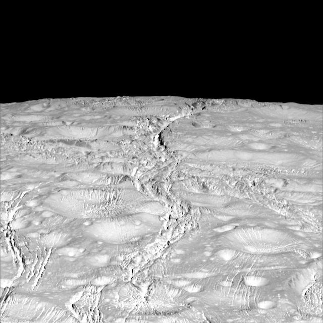 NASA's Cassini spacecraft zoomed by Saturn's icy moon Enceladus on Oct. 14, 2015, capturing this stunning image of the moon's north pole. A companion view from the wide-angle camera (PIA20010) shows a zoomed out view of the same region for context.  Scientists expected the north polar region of Enceladus to be heavily cratered, based on low-resolution images from the Voyager mission, but high-resolution Cassini images show a landscape of stark contrasts. Thin cracks cross over the pole -- the northernmost extent of a global system of such fractures. Before this Cassini flyby, scientists did not know if the fractures extended so far north on Enceladus.  North on Enceladus is up. The image was taken in visible green light with the Cassini spacecraft narrow-angle camera.  The view was acquired at a distance of approximately 4,000 miles (6,000 kilometers) from Enceladus and at a Sun-Enceladus-spacecraft, or phase, angle of 9 degrees. Image scale is 115 feet (35 meters) per pixel.  http://photojournal.jpl.nasa.gov/catalog/PIA19660