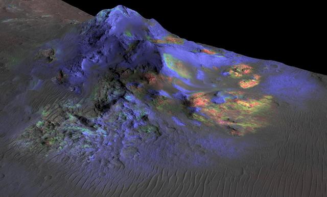 Deposits of impact glass have been preserved in Martian craters, including Alga Crater, shown here. Detection of the impact glass by researchers at Brown University, Providence, Rhode Island, is based on data from the Compact Reconnaissance Imaging Spectrometer for Mars (CRISM) on NASA's Mars Reconnaissance Orbiter.  In color coding based on analysis of CRISM spectra, green indicates the presence of glass. (Blues are pyroxene; reds are olivine.) Impact glass forms in the heat of a violent impact that excavates a crater. Impact glass found on Earth can preserve evidence about ancient life. A deposit of impact glass on Mars could be a good place to look for signs of past life on that planet.  This view shows Alga Crater's central peak, which is about 3 miles (5 kilometers) wide within the 12-mile (19-kilometer) diameter of this southern-hemisphere crater. The information from CRISM is shown over a terrain model and image, based on observations by the High Resolution Imaging Science Experiment (HiRISE) camera. The vertical dimension is exaggerated by a factor of two.  http://photojournal.jpl.nasa.gov/catalog/PIA19673