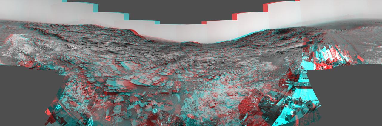 This stereo view from the Navigation Camera (Navcam) on NASA's Curiosity Mars rover shows a 360-degree panorama around the location where the rover spent its 1,000th Martian day, or sol, on Mars. The image appears three-dimensional when viewed through red-blue glasses with the red lens on the left.  Sol 1,000 of Curiosity's Mars-surface mission corresponded to May 30, 2015. The component images for this scene were taken on Sol 997 (May 27, 2015). The site is a valley just below "Marias Pass" on lower Mount Sharp. A map of the area is at http://mars.nasa.gov/msl/images/Curiosity_Location_Sol997-full.jpg.  The center of the scene is toward the south, with north at both ends. This stereo view combines images from Navcam left-eye and right-eye cameras. A single-eye version of the scene is at PIA19679 .  Tracks from the rover's drive to this site are visible at right. The rover team chose this location near Marias Pass because images from orbit showed what appeared to be a contact between two types of bedrock. The two types are evident in this panorama. The bedrock close to the rover is pale mudstone similar to what Curiosity examined in 2014 and early 2015 at "Pahrump Hills." The darker, finely bedded bedrock above it is sandstone that the rover team calls the "Stimson" unit. The largest-looking slab of Stimson sandstone in the image, in the lower left quadrant, is a target called "Ronan," selected for close-up inspection. on lower Mount Sharp.  http://photojournal.jpl.nasa.gov/catalog/PIA19678
