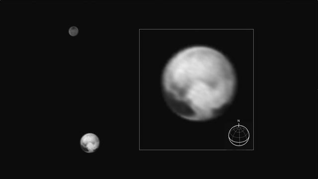 This image of Pluto and its big moon Charon was taken by NASA's New Horizons spacecraft at 04:15 (UTC) on July 1, 2015, and shows the clearest view yet of the sides of Pluto and Charon that will be studied in great detail during New Horizons' closest approach to the dwarf planet on July 14, 2015. There will be just two more rotations of Pluto and Charon, and two more orbits about their mutual center of gravity, between the time of this image and closest approach (the rotation period of the system is 6.4 days). The image, which has been sharpened by the image processing technique known as deconvolution, shows details as small as about 160 kilometers (100 miles). The highest-resolution images of this side of Pluto, taken on July 14, will show details that are 1,000 times smaller. New Horizons is revealing Pluto to be a world that, at this point, looks like no other in the solar system. Its equatorial regions are occupied by a discontinuous band of very dark material, which is interrupted on this hemisphere by a very bright region which appears sharp-edged at the resolution of the image. The north polar region is blander, but shows a distinctive darker southern boundary where it meets the higher-contrast equatorial regions. The origin of these remarkable features is still unknown, though some of them might be related to seasonal movement of frost across Pluto's surface. Charon, in contrast, still shows few details other than the dark polar region. The image was taken by New Horizons' Long Range Reconnaissance Imager (LORRI ) at a distance from Pluto of 15.8 million kilometers (9.8 million miles) and has a central longitude of 177 degrees on Pluto and 357 degrees on Charon. The inset shows the orientation of Pluto- the solid lines mark the equator and the prime meridian, which is defined to be the longitude that always faces Charon. http://photojournal.jpl.nasa.gov/catalog/PIA19694