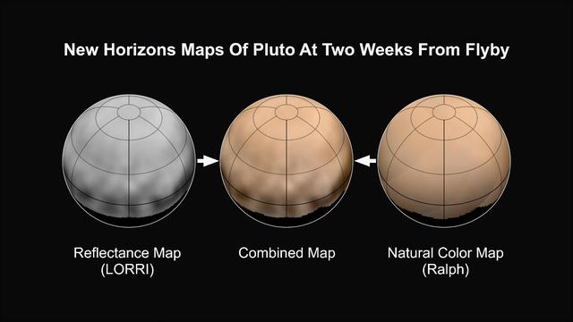 What color is Pluto? The answer, revealed in the first maps made from New Horizons data, turns out to be shades of reddish brown. The mission's first map of Pluto is in approximate true color -- that is, the color you would see if you were riding on New Horizons. At left, a map of Pluto's northern hemisphere composed using high-resolution black-and-white images from New Horizons LORRI instrument. At right is a map of Pluto's colors created using data from the Ralph instrument. In the center is the combined map, produced by merging the LORRI and Ralph data. http://photojournal.jpl.nasa.gov/catalog/PIA19697