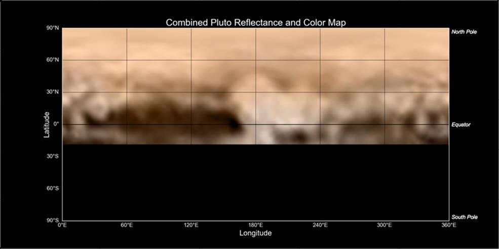 This map of Pluto, created from images taken from June 27-July 3, 2015, by the Long Range Reconnaissance Imager (LORRI) on New Horizons, was combined with lower-resolution color data from the spacecraft's Ralph instrument. The center of the map corresponds to the side of Pluto that will be seen close-up during New Horizons' July 14 flyby.  This map gives mission scientists an important tool to decipher the complex and intriguing pattern of bright and dark markings on Pluto's surface. Features from all sides of Pluto can now be seen at a glance and from a consistent perspective, making it much easier to compare their shapes and sizes.  The elongated dark area informally known as "the whale," along the equator on the left side of the map, is one of the darkest regions visible to New Horizons. It measures some 1,860 miles (3,000 kilometers) in length. Directly to the right of the whale's "snout" is the brightest region visible on the planet, which is roughly 990 miles (1,600 kilometers) across. This may be a region where relatively fresh deposits of frost -- perhaps including frozen methane, nitrogen and/or carbon monoxide -- form a bright coating.   http://photojournal.jpl.nasa.gov/catalog/PIA19700