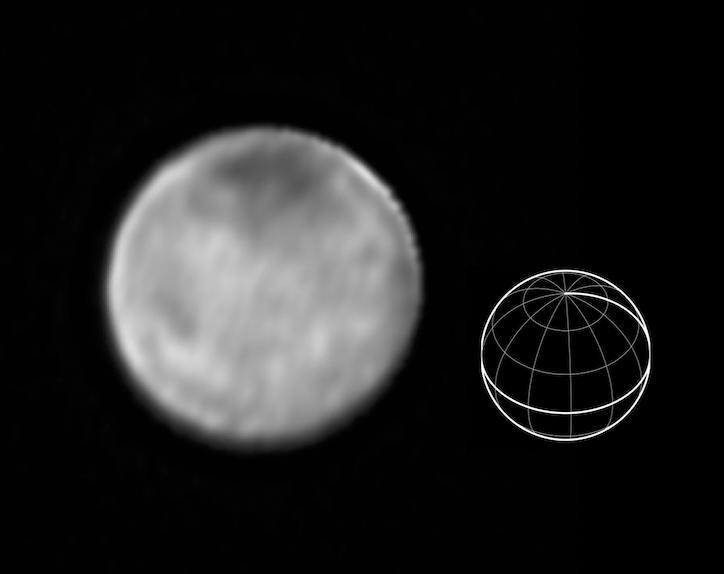 This image of Charon was taken by New Horizons' Long Range Reconnaissance Imager (LORRI) at 4:23 UT on July 9, 2015, from a range of 3.9 million miles (6.3 million kilometers). It reveals fascinating detail, never before seen, on the surface of Pluto's giant moon, which has a diameter of 750 miles (1208 kilometers). The dark north polar region, which has been seen for several weeks on approach, is still prominent, but numerous bright spots, scattered over Charon's surface, are now also visible. It is possible that many of these spots are bright icy material excavated from Charon's subsurface by impact craters, but whether this is true will become clearer in the next few days.  Three consecutive images were combined and sharpened, using a process called deconvolution, to create this view. Deconvolution enhances real detail but can also generate spurious features, including the bright margin seen on the upper edge of the disk.  The wireframe globe shows the orientation of Charon in the image -- thicker lines indicate the equator and the prime meridian (the direction facing Pluto). Central longitude on Charon is 266°.  http://photojournal.jpl.nasa.gov/catalog/PIA19704