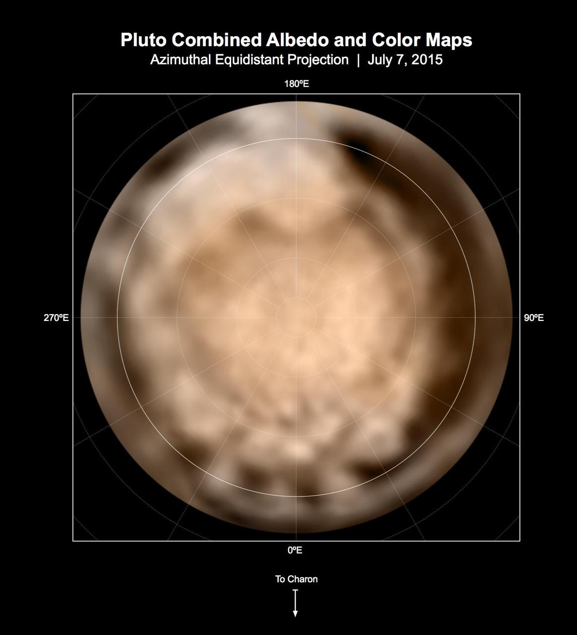 These circular maps shows the distribution of Pluto's dark and bright terrains as revealed by NASA's New Horizons mission prior to July 4, 2015. Each map is an azimuthal equidistant projection centered on the north pole, with latitude and longitude indicated. Both a gray-scale and color version are shown. The gray-scale version is based on 7 days of panchromatic imaging from the Long Range Reconnaissance Imager (LORRI), whereas the color version uses the gray-scale base and incorporates lower-resolution color information from the Multi-spectral Visible Imaging Camera (MVIC), part of the Ralph instrument. The color version is also shown in a simple cylindrical projection in PIA19700.  In these maps, the polar bright terrain is surrounded by a somewhat darker polar fringe, one whose latitudinal position varies strongly with longitude. Especially striking are the much darker regions along the equator. A broad dark swath ("the whale") stretches along the equator from approximately 20 to 160 degrees of longitude. Several dark patches appear in a regular sequence centered near 345 degrees of longitude. A spectacular bright region occupies Pluto's mid-latitudes near 180 degrees of longitude, and stretches southward over the equator. New Horizons' closest approach to Pluto will occur near this longitude, which will permit high-resolution visible imaging and compositional mapping of these various regions.  http://photojournal.jpl.nasa.gov/catalog/PIA19706