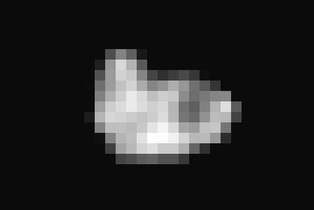 Since its discovery in 2005, Pluto's moon Hydra has been known only as a fuzzy dot of uncertain shape, size, and reflectivity. Imaging obtained during NASA's New Horizons' historic transit of the Pluto-Charon system and transmitted to Earth early this morning has definitively resolved these fundamental properties of Pluto's outermost moon. Long Range Reconnaissance Imager (LORRI) observations revealed an irregularly shaped body characterized by significant brightness variations over the surface. With a resolution of 2 miles (3 kilometers) per pixel, the LORRI image shows the tiny potato-shaped moon measures 27 miles (43 kilometers) by 20 miles (33 kilometers).  Like that of Charon, Hydra's surface is probably covered with water ice, the most abundant ice in the universe. Observed within Hydra's bright regions is a darker circular structure with a diameter of approximately 6 miles (10 kilometers). Hydra's reflectivity (the percentage of incident light reflected from the surface) is intermediate between that of Pluto and Charon.  Hydra was approximately 400,000 miles away from New Horizons when this image was acquired.  http://photojournal.jpl.nasa.gov/catalog/PIA19711