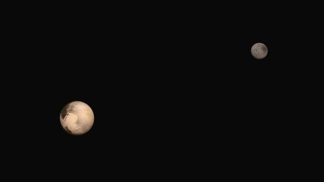 These two images of Pluto and Charon were collected separately by NASA New Horizons during approach on July 13 and July 14, 2015. The relative reflectivity, size, separation, and orientations, and colors are approximated in this composite image, and they are shown in approximate true color.   http://photojournal.jpl.nasa.gov/catalog/PIA19717