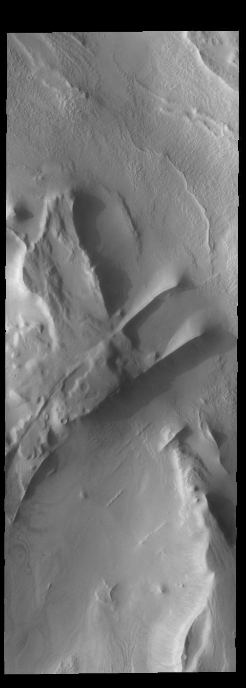 This image captured by NASA 2001 Mars Odyssey spacecraft shows part of Cavi Angusti, a region of depressions near the south polar cap. The linear ridges in the image were likely formed by tectonic activity.