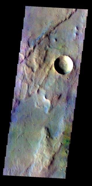The THEMIS VIS camera contains 5 filters. The data from different filters can be combined in multiple ways to create a false color image. These false color images may reveal subtle variations of the surface not easily identified in a single band image. Today's false color image shows part of Solis Planum.  Orbit Number: 8130 Latitude: -28.4509 Longitude: 279.701 Instrument: VIS Captured: 2003-10-14 18:55  http://photojournal.jpl.nasa.gov/catalog/PIA19726
