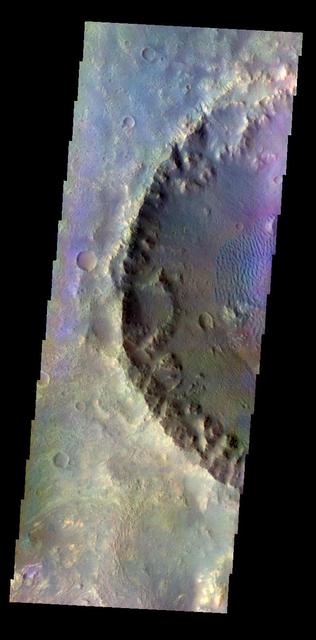 The THEMIS VIS camera contains 5 filters. The data from different filters can be combined in multiple ways to create a false color image. These false color images may reveal subtle variations of the surface not easily identified in a single band image. Today's false color image shows an unnamed crater on the floor of the much larger Molesworth Carter. Dunes on the floor of the crater are blueish, and surface sands are typically this color in false color images. Orbit Number: 8147 Latitude: -27.5042 Longitude: 149.606 Instrument: VIS Captured: 2003-10-16 04:30 http://photojournal.jpl.nasa.gov/catalog/PIA19728