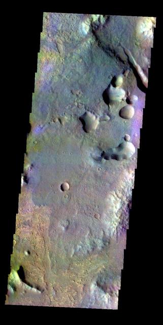The THEMIS VIS camera contains 5 filters. The data from different filters can be combined in multiple ways to create a false color image. These false color images may reveal subtle variations of the surface not easily identified in a single band image. Today's false color image shows part of Margaritifer Terra near Margaritifer Chaos.  Orbit Number: 8178 Latitude: -9.75044 Longitude: 338.017 Instrument: VIS Captured: 2003-10-18 17:39  http://photojournal.jpl.nasa.gov/catalog/PIA19729