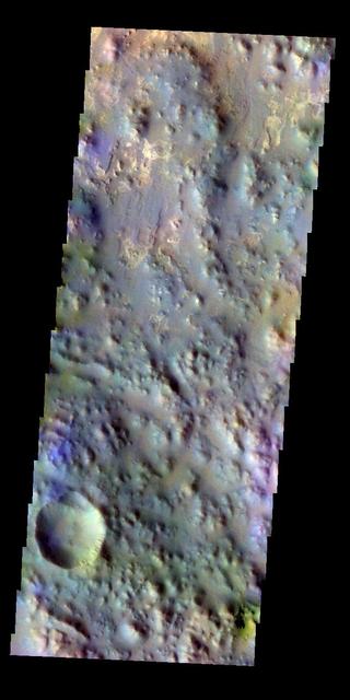The THEMIS VIS camera contains 5 filters. The data from different filters can be combined in multiple ways to create a false color image. These false color images may reveal subtle variations of the surface not easily identified in a single band image. Today's false color image shows part of Iani Chaos.  Orbit Number: 8465 Latitude: -2.8754 Longitude: 342.708 Instrument: VIS Captured: 2003-11-11 08:31  http://photojournal.jpl.nasa.gov/catalog/PIA19733