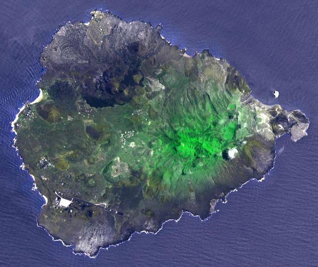 Two hundred years ago, Ascension Island was a barren volcanic edifice. This image from NASA Terra spacecraft shows that today its peaks are covered by lush tropical cloud forest.