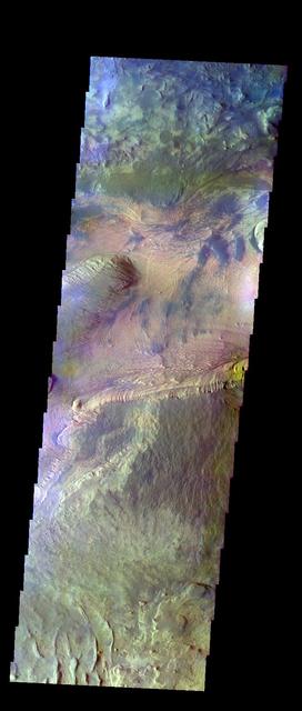 The THEMIS VIS camera contains 5 filters. The data from different filters can be combined in multiple ways to create a false color image. These false color images may reveal subtle variations of the surface not easily identified in a single band image. Today's false color image shows part of Candor Chasma. Orbit Number: 9428 Latitude: -5.22568 Longitude: 283.582 Instrument: VIS Captured: 2004-01-29 15:22 http://photojournal.jpl.nasa.gov/catalog/PIA19748