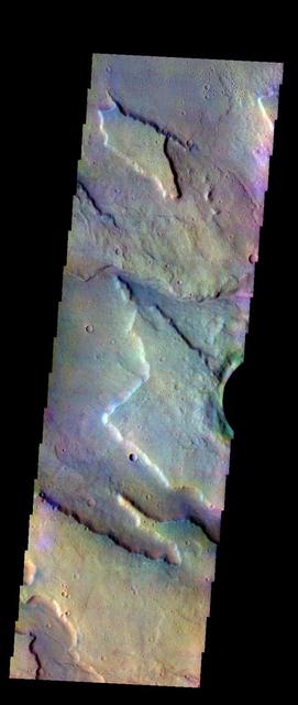 The THEMIS VIS camera contains 5 filters. The data from different filters can be combined in multiple ways to create a false color image. These false color images may reveal subtle variations of the surface not easily identified in a single band image. Today's false color image shows the edge of the northwestern flank of Tyrrhenus Mons.  Orbit Number: 9509 Latitude: -20.2209 Longitude: 104.956 Instrument: VIS Captured: 2004-02-05 07:30  http://photojournal.jpl.nasa.gov/catalog/PIA19749