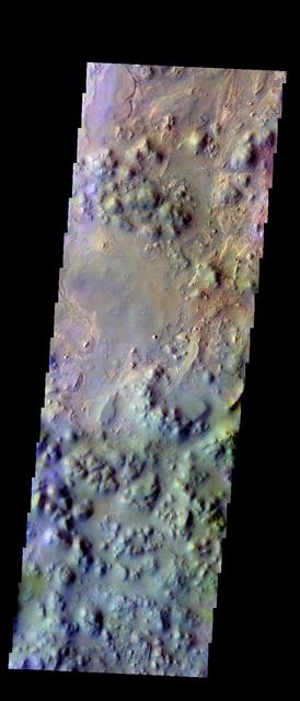 The THEMIS VIS camera contains 5 filters. The data from different filters can be combined in multiple ways to create a false color image. These false color images may reveal subtle variations of the surface not easily identified in a single band image. Today's false color image shows part of Iani Chaos.  Orbit Number: 10025 Latitude: -2.65344 Longitude: 342.424 Instrument: VIS Captured: 2004-03-18 19:01  http://photojournal.jpl.nasa.gov/catalog/PIA19752