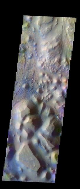 The THEMIS VIS camera contains 5 filters. The data from different filters can be combined in multiple ways to create a false color image. These false color images may reveal subtle variations of the surface not easily identified in a single band image. Today's false color image shows part of Iani Chaos.  Orbit Number: 10336 Latitude: -0.097308 Longitude: 342.604 Instrument: VIS Captured: 2004-04-13 11:31  http://photojournal.jpl.nasa.gov/catalog/PIA19768