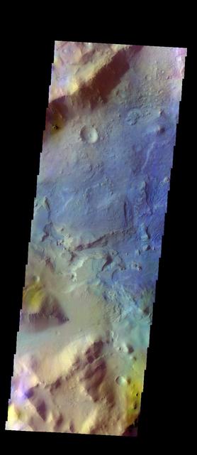The THEMIS VIS camera contains 5 filters. The data from different filters can be combined in multiple ways to create a false color image. These false color images may reveal subtle variations of the surface not easily identified in a single band image. Today's false color image shows mesas and channels on the margin of Terra Sabaea. Orbit Number: 11194 Latitude: 28.0281 Longitude: 76.1322 Instrument: VIS Captured: 2004-06-23 02:45 http://photojournal.jpl.nasa.gov/catalog/PIA19788