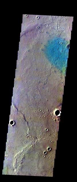 The THEMIS VIS camera contains 5 filters. The data from different filters can be combined in multiple ways to create a false color image. These false color images may reveal subtle variations of the surface not easily identified in a single band image. Today's false color image shows part of Gusev Crater. This image is located at the MER-A Spirit Lander ground zero.  Orbit Number: 11416 Latitude: -14.5817 Longitude: 175.192 Instrument: VIS Captured: 2004-07-11 07:40  http://photojournal.jpl.nasa.gov/catalog/PIA19790