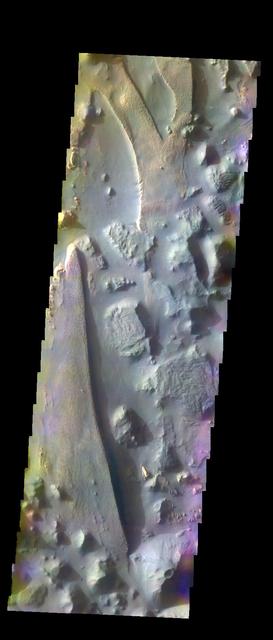 The THEMIS VIS camera contains 5 filters. The data from different filters can be combined in multiple ways to create a false color image. These false color images may reveal subtle variations of the surface not easily identified in a single band image. Today's false color image shows part of Aureum Chaos. Orbit Number: 11760 Latitude: -4.42933 Longitude: 333.1 Instrument: VIS Captured: 2004-08-08 15:22 http://photojournal.jpl.nasa.gov/catalog/PIA19791