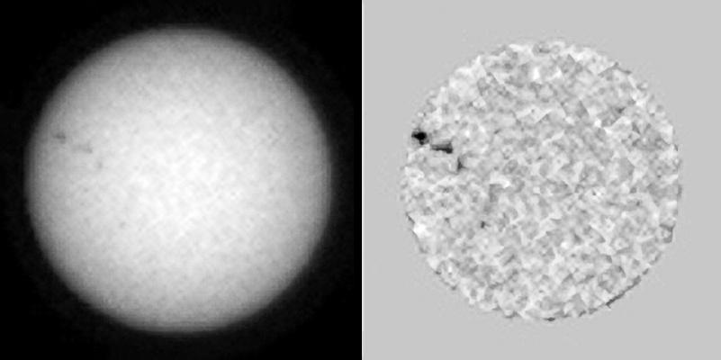 This single frame from a sequence of six images of an animation shows sunspots as viewed by NASA Curiosity Mars rover from April 4 to April 15, 2015. From Mars, the rover was in position to see the opposite side of the sun.  The images were taken by the right-eye camera of Curiosity's Mast Camera (Mastcam), which has a 100-millimeter telephoto lens. The view on the left of each pair in this sequence has little processing other than calibration and putting north toward the top of each frame. The view on the right of each pair has been enhanced to make sunspots more visible. The apparent granularity throughout these enhanced images is an artifact of this processing.  These sunspots seen in this sequence eventually produced two solar eruptions, one of which affected Earth.  http://photojournal.jpl.nasa.gov/catalog/PIA19802