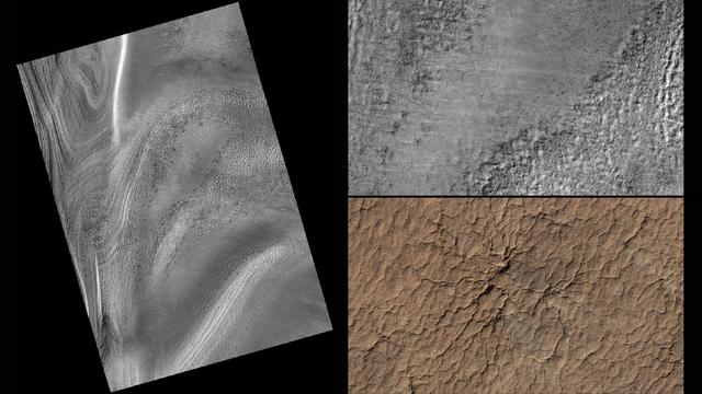 This series of images from NASA's Mars Reconnaissance Orbiter successively zooms into "spider" features -- or channels carved in the surface in radial patterns -- in the south polar region of Mars. In a new citizen-science project, volunteers will identify features like these using wide-scale images from the orbiter. Their input will then help mission planners decide where to point the orbiter's high-resolution camera for more detailed views of interesting terrain.  Volunteers will start with images from the orbiter's Context Camera (CTX), which provides wide views of the Red Planet. The first two images in this series are from CTX; the top right image zooms into a portion of the image at left. The top right image highlights the geological spider features, which are carved into the terrain in the Martian spring when dry ice turns to gas. By identifying unusual features like these, volunteers will help the mission team choose targets for the orbiter's High Resolution Imaging Science Experiment (HiRISE) camera, which can reveal more detail than any other camera ever put into orbit around Mars. The final image is this series (bottom right) shows a HiRISE close-up of one of the spider features.  http://photojournal.jpl.nasa.gov/catalog/PIA19823