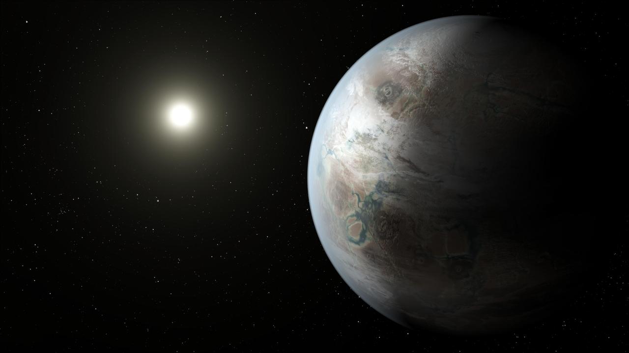 This artist's concept depicts one possible appearance of the planet Kepler-452b, the first near-Earth-size world to be found in the habitable zone of star that is similar to our sun. The habitable zone is a region around a star where temperatures are right for water -- an essential ingredient for life as we know it -- to pool on the surface. Scientists do not know if Kepler-452b can support life or not.  What is known about the planet is that it is about 60 percent larger than Earth, placing it in a class of planets dubbed "super-Earths." While its mass and composition are not yet determined, previous research suggests that planets the size of Kepler-452b have a better than even chance of being rocky. Kepler-452b orbits its star every 385 days.  The planet's star is about 1,400 light-years away in the constellation Cygnus. It is a G2-type star like our sun, with nearly the same temperature and mass. This star is 6 billion years old, 1.5 billion years older than our sun. As stars age, they grow in size and give out more energy, warming up their planets over time.  Scientists and artists considered these facts when creating this illustration. If the planet Kepler-452b does in fact have liquid on its surface and has grown warmer due to the older age of its star, it could possibly be experiencing a runaway greenhouse effect, where oceans would begin to evaporate and contribute to increased cloud cover. This, plus other factors such as the planet's large size, was factored into the hypothetical scenario depicted in this illustration.   http://photojournal.jpl.nasa.gov/catalog/PIA19824