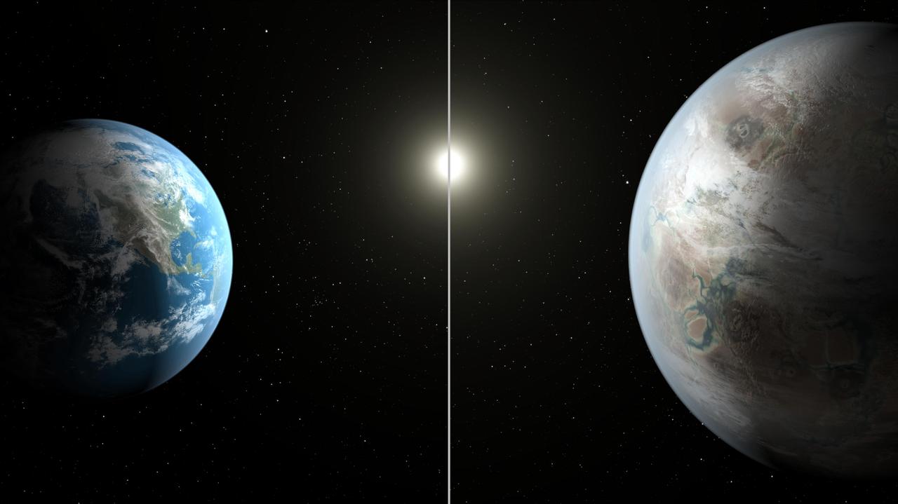 Scientists using data from NASA's Kepler mission have confirmed the first near-Earth-size planet orbiting in the habitable zone of a sun-like star. The habitable zone is the region around a star where temperatures are just right for water to exist in its liquid form.  The artist's concept compares Earth (left) to the new planet, called Kepler-452b, which is about 60 percent larger. The illustration represents one possible appearance for Kepler-452b -- scientists do not know whether the planet has oceans and continents like Earth.  Both planets orbit a G2-type star of about the same temperature; however, the star hosting Kepler-452b is 6 billion years old, 1.5 billion years older than our sun. As stars age, they become larger, hotter and brighter, as represented in the illustration. Kepler-452b's star appears a bit larger and brighter.   http://photojournal.jpl.nasa.gov/catalog/PIA19825