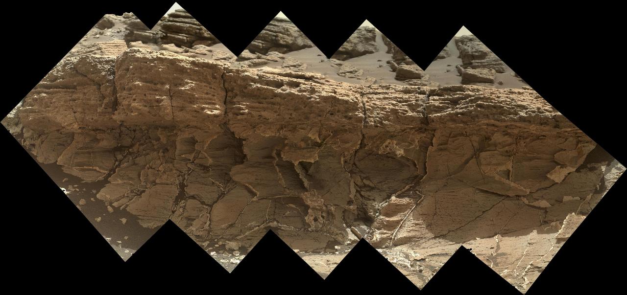 A rock outcrop dubbed "Missoula," near Marias Pass on Mars, is seen in this image mosaic taken by the Mars Hand Lens Imager on NASA's Curiosity rover. Pale mudstone (bottom of outcrop) meets coarser sandstone (top) in this geological contact zone, which has piqued the interest of Mars scientists. White mineral veins that fill fractures in the lower rock unit abruptly end when they meet the upper rock unit. Such clues help scientists understand the possible timing of geological events. First, the fine sediment that now forms the lower unit would have hardened into rock. It then would have fractured, and groundwater would have deposited calcium sulfate minerals into the fractures. Next, the coarser sediment that forms the upper unit would have been deposited. The area pictured is about 16 inches (40 centimeters) across. The image was taken on the 1,031st Martian day, or sol, of the mission (July 1, 2015). MAHLI was built by Malin Space Science Systems, San Diego. NASA's Jet Propulsion Laboratory, a division of the California Institute of Technology in Pasadena, manages the Mars Science Laboratory Project for the NASA Science Mission Directorate, Washington. JPL designed and built the project's Curiosity rover. http://photojournal.jpl.nasa.gov/catalog/PIA19829