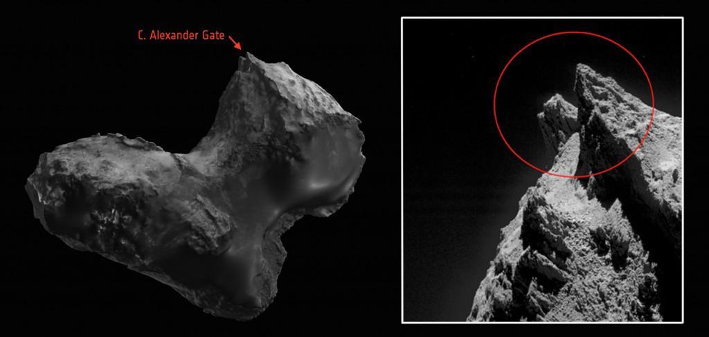 Scientists from the European Space Agency Rosetta team have honored two late team members by naming comet features after them. The comet is 67P/Churyumov-Gerasimenko, where the mission successfully landed a probe.  One of the features is shown here in these Rosetta images, with the picture on the right being a close-up view. The "C. Alexander Gate" is found on the comet's smaller lobe, and is dedicated to Claudia Alexander, the U.S. project scientist from NASA's Jet Propulsion Laboratory, Pasadena, California, who passed away in July of this year.  Image credit left: ESA's comet viewer http://sci.esa.int/comet-viewer.  http://photojournal.jpl.nasa.gov/catalog/PIA19838