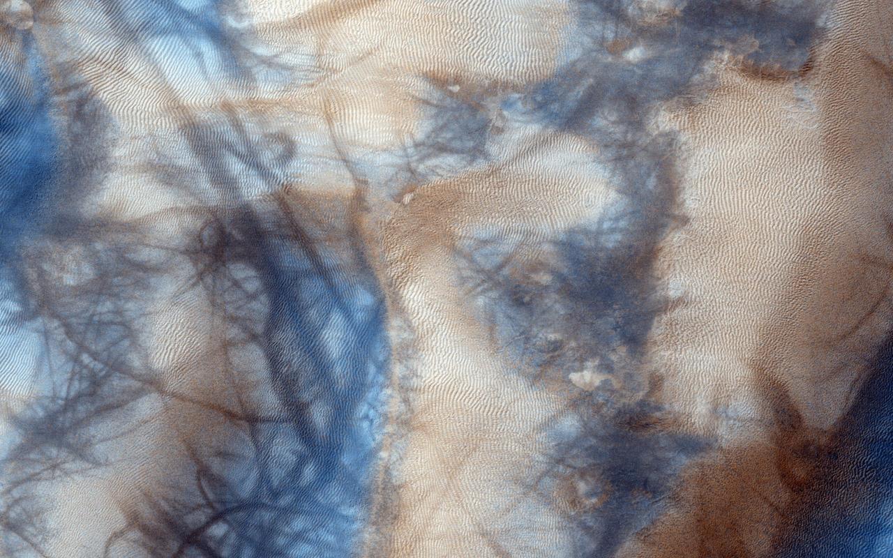 Gully and defrosting activity have been visible here along the edge of a dune field, along with blocks of frost. Observations from NASA Mars Reconnaissance Orbiter of the same area help check for repeat activity, as well as measuring those meter-scale blocks that we've seen prior.  In this case, we want to compare any possible changes with a previous observation, which we acquired in 2011. We've also seen images where carbon dioxide frost was the driving process in creating new gullies, so we know their formation is occurring to this day. Tracking for changes, especially when we look at the 1-kilometer enhanced color swath, can help us find more.  http://photojournal.jpl.nasa.gov/catalog/PIA19843