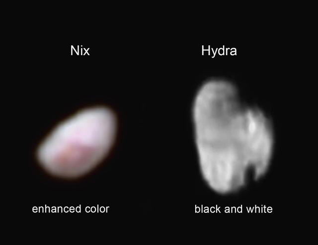 NASA New Horizons spacecraft captured these images of Pluto moon Nix which shows a reddish spot that has attracted the interest of the mission scientists left, and the small, irregularly shaped moon Hydra right.