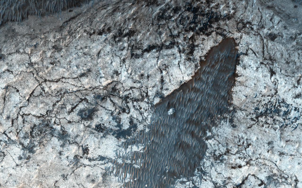 Sedimentary deposits are common within Valles Marineris. Most larger chasmata contain kilometer-thick light-toned layered deposits composed of sulfates. However, some of the chasmata, like Ius Chasma shown in this image from NASA Mars Reconnaissance Orbiter, lack these deposits or have much thinner deposits. The light-toned deposits in Ius Chasma are observed both along the floor and inner wallrock materials. Some of the light-toned deposits appear to post-date formation of the chasma floor, whereas other deposits appear to lie beneath wallrock materials, indicating they are older. By examining the stratigraphy using digital terrain models and 3D images, it should be possible to decipher the relative ages of the different geologic units. CRISM data may also provide insight into the mineralogy, which will tell scientists about the aqueous conditions that emplaced the light-toned deposits. http://photojournal.jpl.nasa.gov/catalog/PIA19855