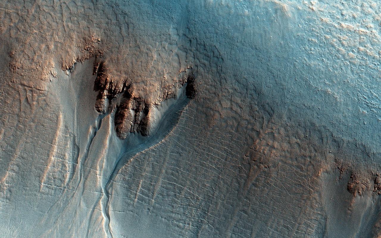 This enhanced-color image from NASA Mars Reconnaissance Orbiter shows gullies in the northern wall of an unnamed crater in Utopia Planitia. The banked, sinuous shape of the gully channels suggest that water was involved in their formation. The source of this water however is a subject of debate. Hypotheses include melting of snow or near-surface ground ice. Other features also suggest the past (and possibly present) presence of snow or ground ice in this region. For example, the "mantle" deposit on the crater wall displays polygonal fractures. Polygons on Earth are associated with periglacial activity. This refers to processes that occur from the presence of ground ice, which interacts with surface and subsurface materials, as well as the Martian atmosphere as a function of climate and seasons). The mantle itself may be the remains of a dusty snowpack deposited in Mars' recent past. At the base of the mantle are fractures associated with the slumping of these deposits under their own weight and Martian gravity. The largest gullies cut into these mantling deposits, and in some places obscure the underlying fractures at the base of the crater wall. This indicates that the largest gullies are younger than both the mantle and the fractures. http://photojournal.jpl.nasa.gov/catalog/PIA19862