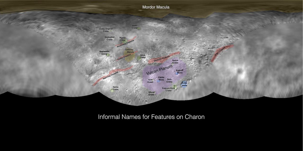 This image contains the initial, informal names being used by NASA's New Horizons team for the features on Pluto's largest moon, Charon. Names were selected based on the input the team received from the Our Pluto naming campaign. Names have not yet been approved by the International Astronomical Union (IAU).  For more information on the maps and feature naming, visit http://www.ourpluto.org/maps.   http://photojournal.jpl.nasa.gov/catalog/PIA19864