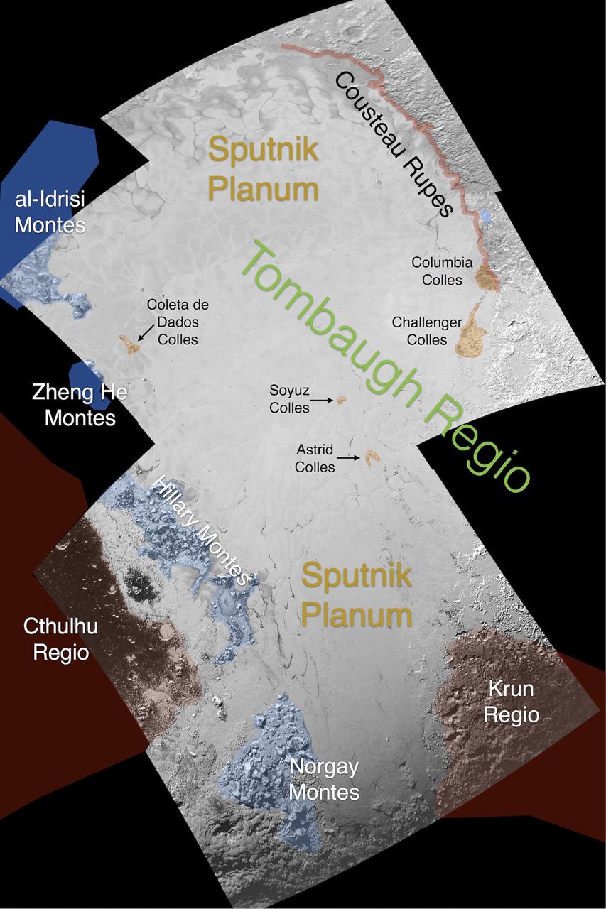 This image contains the initial, informal names being used by NASA's New Horizons team for the features on Pluto's Sputnik Planum (plain). Names were selected based on the input the team received from the Our Pluto naming campaign. Names have not yet been approved by the International Astronomical Union (IAU).  For more information on the maps and feature naming, visit http://www.ourpluto.org/maps.   http://photojournal.jpl.nasa.gov/catalog/PIA19865
