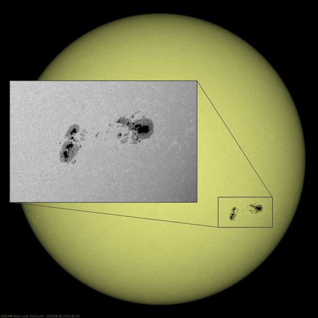 A large group of sunspots that rotated across the Sun over six days (Aug. 21-26, 2015) started out as a single cluster, but gradually separated into distinct groups. This region produced several M-class (medium-sized) flares. These were the only significant spots on the Sun during this period. The still image shows the separated group as it appeared on Aug. 26., 2015.  http://photojournal.jpl.nasa.gov/catalog/PIA19876