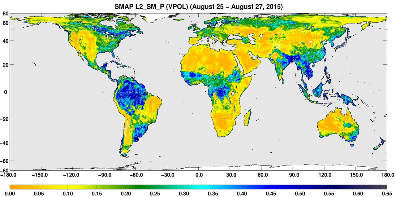 A three-day composite global map of surface soil moisture as retrieved from NASA SMAP radiometer instrument between Aug. 25-27, 2015. Dry areas appear yellow/orange, such as the Sahara Desert, western Australia and the western U.S. Wet areas appear blue, representing the impacts of localized storms. White areas indicate snow, ice or frozen ground. http://photojournal.jpl.nasa.gov/catalog/PIA19877