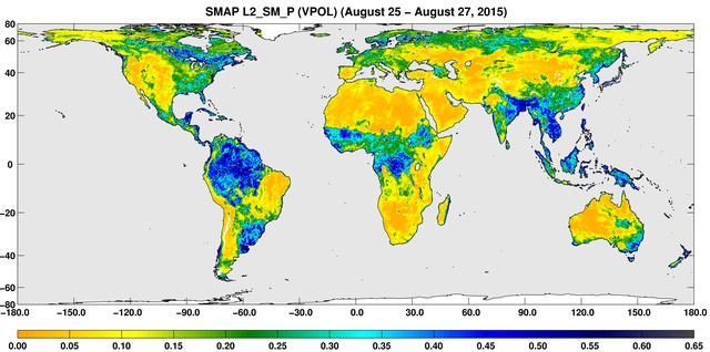 SMAP Global Map of Surface Soil Moisture Aug. 25-27, 2015
