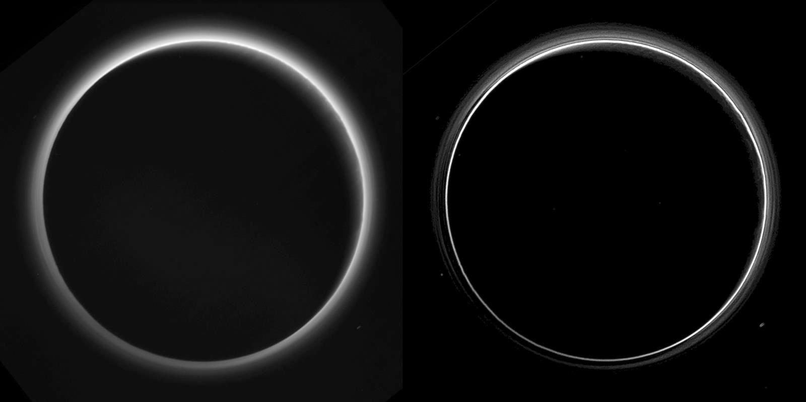 Two different versions of an image of Pluto haze layers, taken by NASA New Horizons as it looked back at Pluto dark side nearly 16 hours after close approach, from a distance of 480,000 miles 770,000 kilometers.