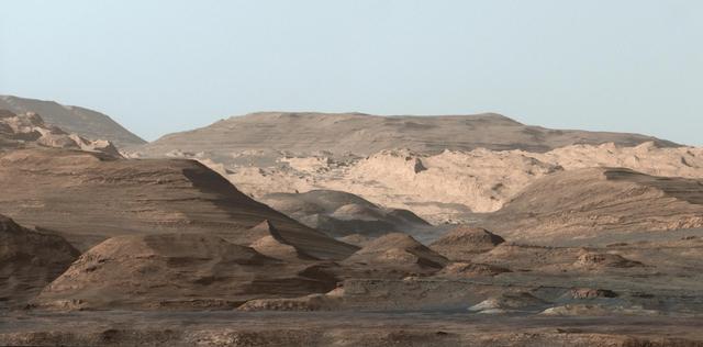 This composite image looking toward the higher regions of Mount Sharp was taken in mid-September, 2015, by NASA Curiosity rover.