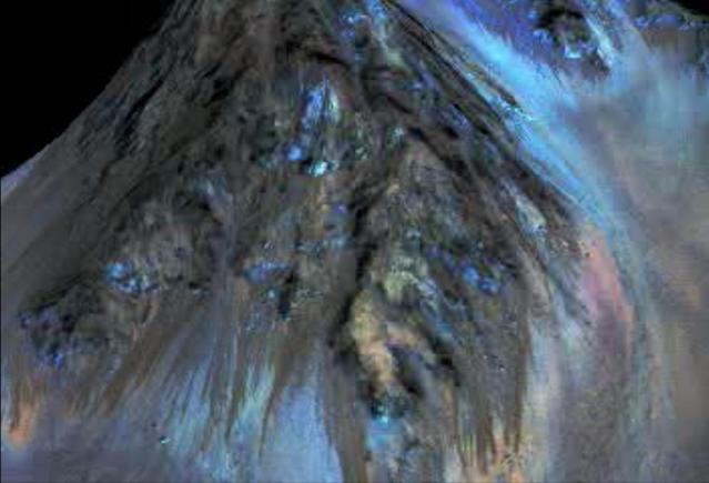 This frame from an animation simulates a fly-around look at one of the places on Mars where dark streaks advance down slopes during warm seasons, possibly involving liquid water. The streaks are roughly the length of a football field.  The imaging and topographical information used in this false-color animation come from the High Resolution Imaging Science Experiment (HiRISE) camera on NASA's Mars Reconnaissance Orbiter.  These dark features on the slopes are called "recurring slope lineae" or RSL. Planetary scientists using observations with the Compact Reconnaissance Imaging Spectrometer on the same orbiter detected hydrated salts on these slopes at Hale Crater, corroborating the hypothesis that the streaks are formed by briny liquid water.  The image was produced by first creating a 3-D computer model (a digital terrain map) of the area based on stereo information from two HiRISE observations, and then draping a false-color image over the land-shape model. The vertical dimension is exaggerated by a factor of 1.5 compared to horizontal dimensions.   http://photojournal.jpl.nasa.gov/catalog/PIA19919