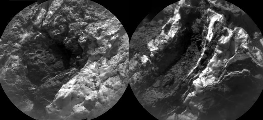 These images from the Chemistry and Camera (ChemCam) instrument on NASA's Curiosity Mars rover indicate similarly dark material, but with very different chemistries, in mineral veins at "Garden City."  Each of the side-by-side circular images covers an area about 2 inches (5 centimeters) in diameter. The images were taken by ChemCam's Remote Micro-Imager. Researchers used ChemCam's laser, telescope and spectrometers to examine the chemistry of material in these veins.  While both of these veins are dark, their chemistries are very different, indicating that they were formed by different fluids. One common aspect of the chemistry in the dark material is an iron content higher than nearby bedrock. Thus the dark appearance may be result of similar iron content. The dark maerial in the vein on the left is enriched in calcium and contains calcium fluorine. The dark material in the vein on the right is enriched in magnesium, but not in calcium or calcium fluorine. Thus, the veins were formed by different fluids that deposited minerals in rock fractures.  The Remote Micro-Imager took the image on the left on March 27, 2015, during the 938th Martian day, or sol, of Curiosity's work on Mars. The next day, it took the image on the right.  A broader view of the prominent mineral veins at Garden City is at PIA19161.  ChemCam is one of 10 instruments in Curiosity's science payload. The U.S. Department of Energy's Los Alamos National Laboratory, in Los Alamos, New Mexico, developed ChemCam in partnership with scientists and engineers funded by the French national space agency (CNES), the University of Toulouse and the French national research agency (CNRS). More information about ChemCam is available at http://www.msl-chemcam.com.   http://photojournal.jpl.nasa.gov/catalog/PIA19924